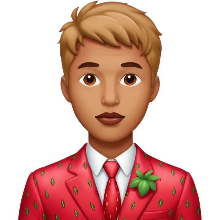 Mn wearing strawberry suit with a sultry look and lip bite emoji