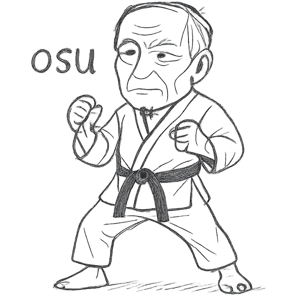 Make the Kyokushin karate fighter older with visible age lines and mature features, change the pose to the traditional 'osu' position, keep the white suit, black belt, and the word 'osu' in the same hand-drawn style. emoji