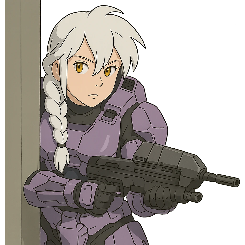 female, wearing reach spartan armor default, long white braid hair with massive messy front side single bangs, gold yellow eyes, attention pose, HALO:series, no helmet, the armor is lavender color scheme, shoulder pad off. DDD bust size fitting. Punk gothic cyberpunk, peeking around a corner while aiming a classic HALO1 AR emoji