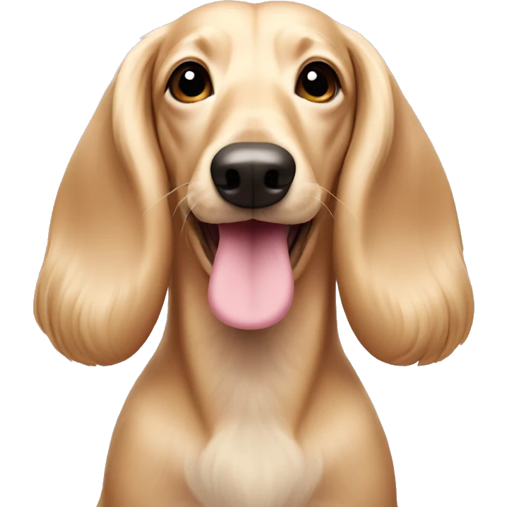 Pale cream, long-haired wiener dog with a pink nose emoji