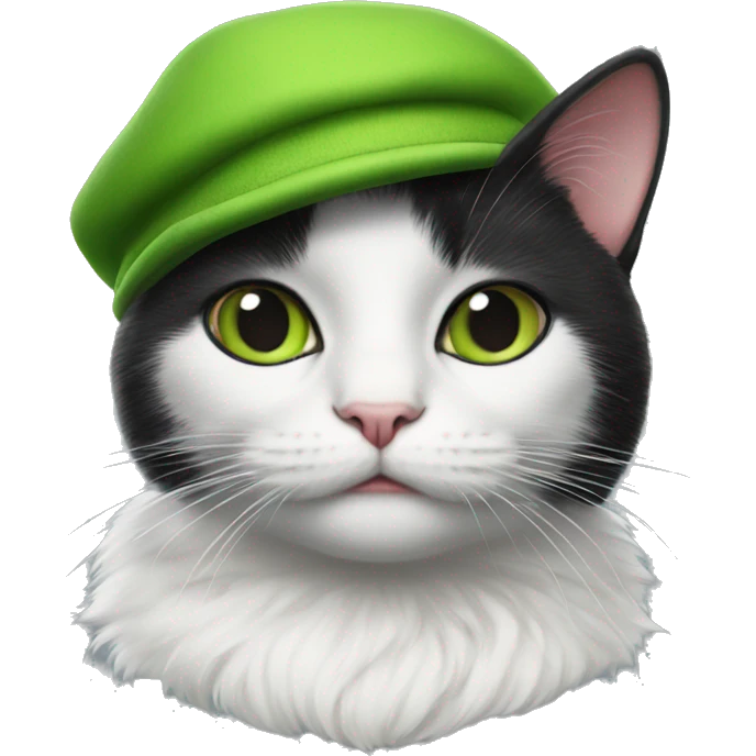 black and white cat with kermit the frog hat emoji