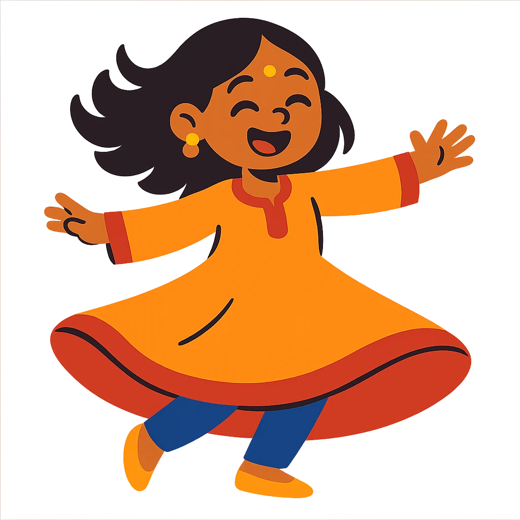 girl wearing a kurta doing a twirl, vibrant and joyful emoji