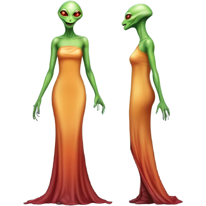 reptilian green alien woman, in long slim pastel orange formal party satin dress with gradient shiny sparkling dark red, full figure, full body emoji
