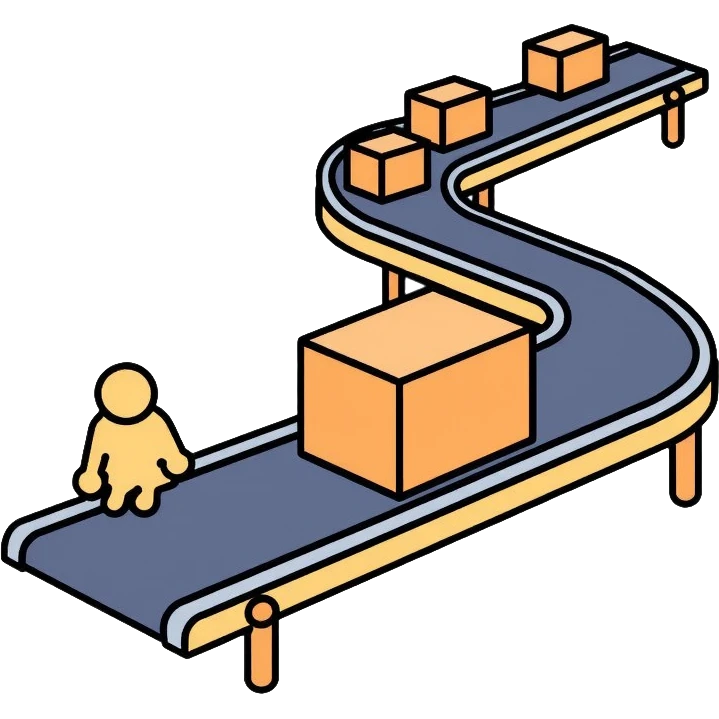 Simple assembly line with small blocks moving on a conveyor belt, symbolizing a repeatable system or process emoji