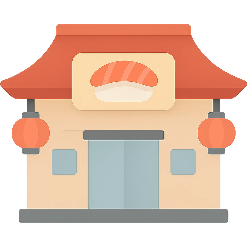 sushi house, traditional Japanese architecture, lanterns, minimalist flat icon style emoji