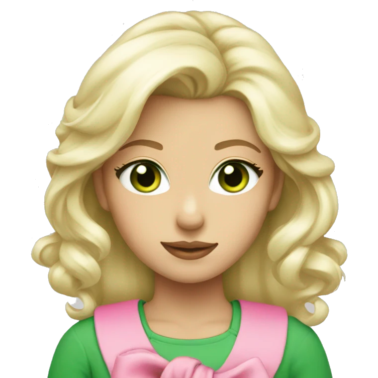 platinum blonde with green eyes wearing a pink bow with green shirt emoji