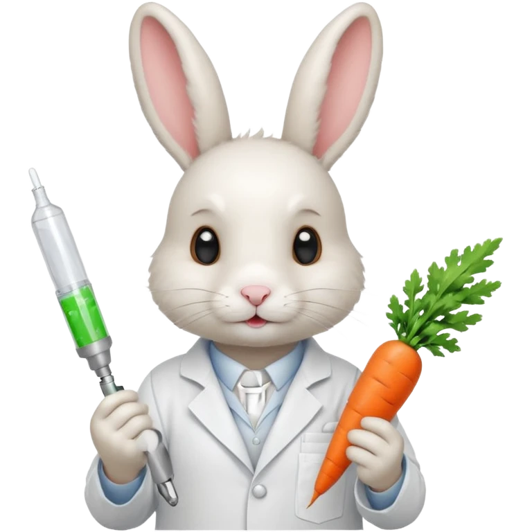 ​​White bunny in lab coat holding carrot syringe.







 emoji