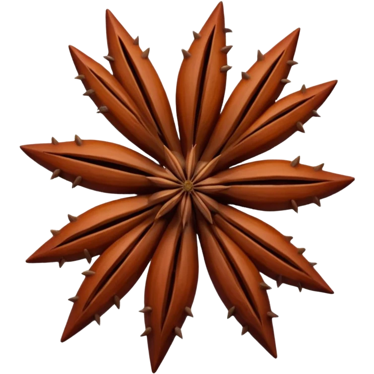 a pair or single star anise, whole, rich reddish-brown, eight sharp arms, star-shaped, smooth glossy segments, visible seeds, woody and crisp, no bowl or herbs, soft lighting, transparent background, emoji scale emoji
