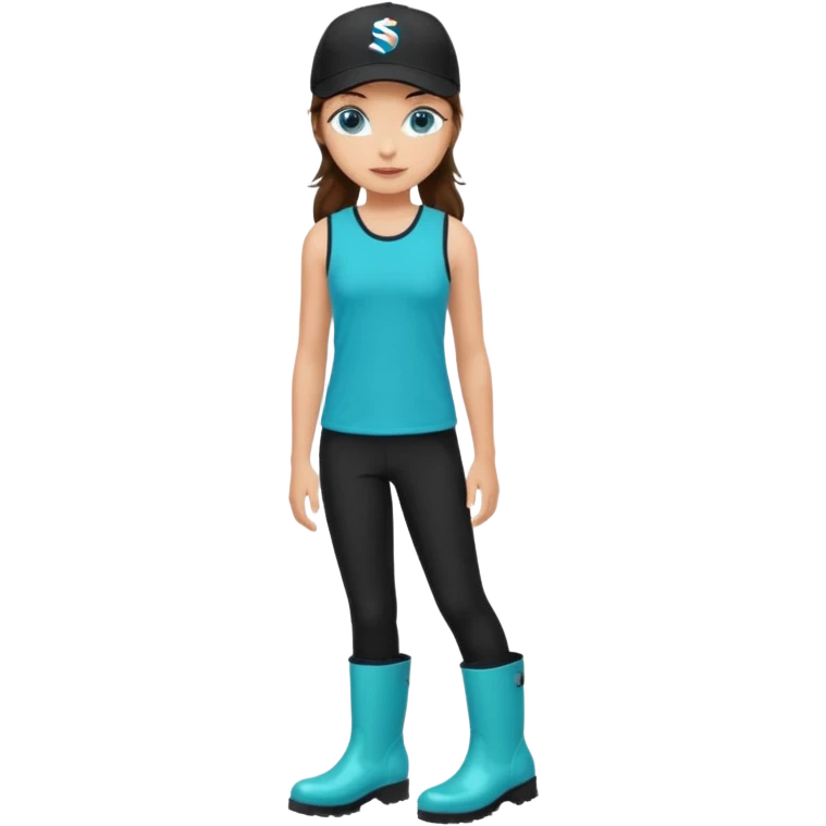 A landscaper in a beautiful turquoise longsleve and turquoise rubber boots, black pants, and a black sleeveless shirt. On her head is a black color Swissotel baseball cap. The girl is a brunette with blue eyes. emoji
