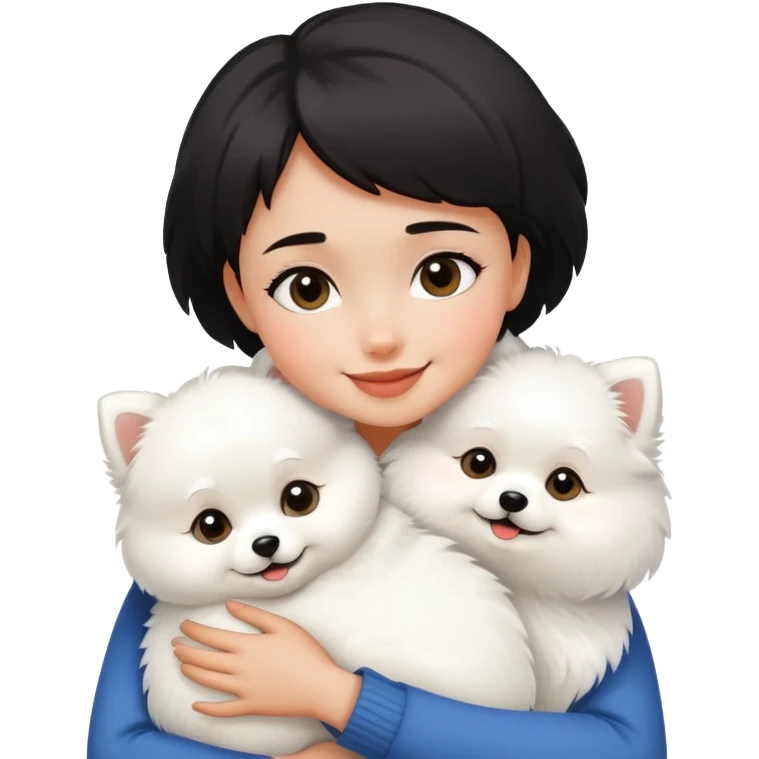 A black short-haired girl happily hugs a white Pomeranian emoji