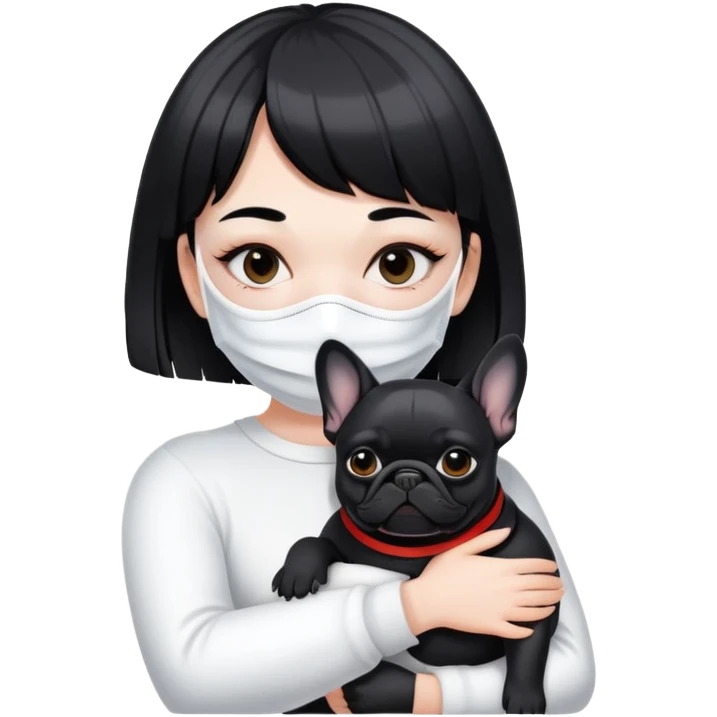 girl with short black straight bangs hair wearing a white mask and hugging a black French bulldog emoji