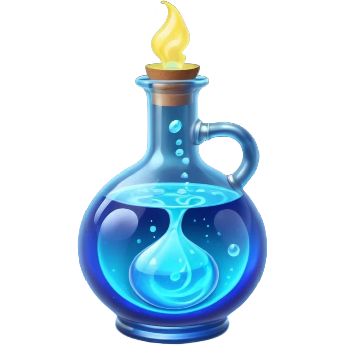 glowing blue neon magic potion, in a round glass bottle, tilted slightly emoji