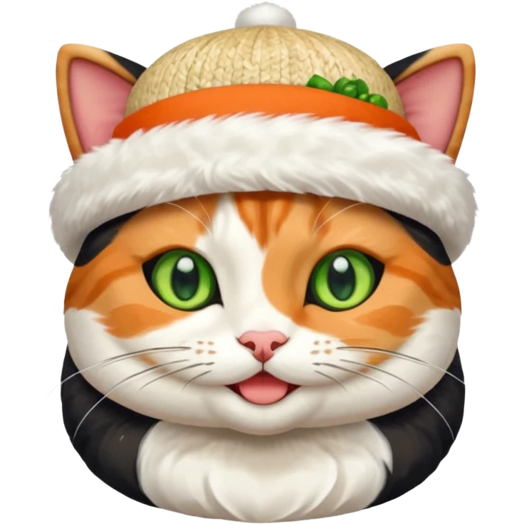 happy cat wearing a hat made out of sushi emoji