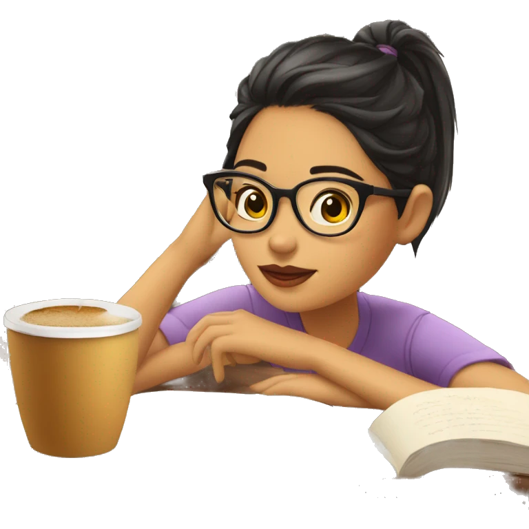 Chica morena leyendo con gafas y cafe emoji