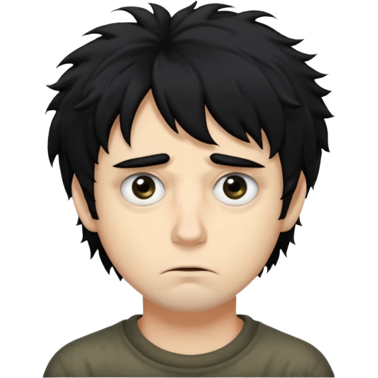 Hair: Messy, shaggy black hair that sticks out in uneven tufts, like he never bothers to style it.

Eyes: Big, heavy-lidded eyes with dark circles/eye bags, giving him a tired, haunted stare.

Skin: Very pale complexion emoji