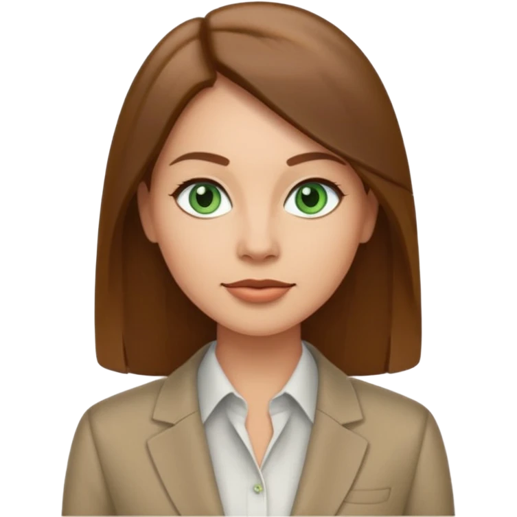 Adult woman avatar, light skin tone, oval face, straight long brown hair, green eyes, neutral mouth, business casual  emoji