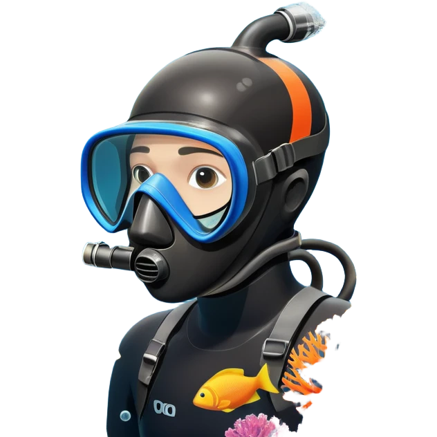 An icon featuring a close-up of a freediving mask and snorkel, with a breath-holding diver's fins, set against a vibrant underwater world. The design includes coral reefs, fish, and bubbles, symbolizing the serene beauty and thrill of freediving. Transparent background highlights the calm emoji