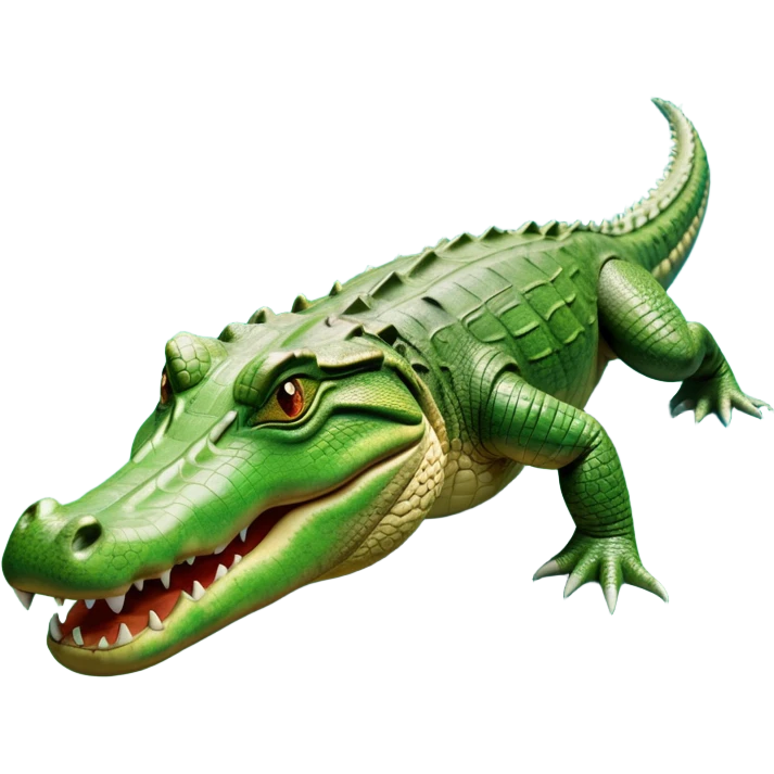 cinematic-crocodile-realistic-full-body-on all fours-emoji,-massive-scaled-body-partially-submerged-in-shallow-water,-head-tilted-dramatically,-rough-green-and-brown-hide-textured-with-deep-ridges,-simplified-yet-realistic-focused-features, head held high emoji