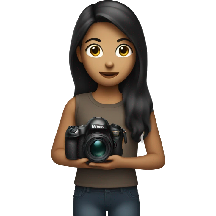 Girl with dark Haie and brown eyes Holding a Nikon Camera in her hands emoji