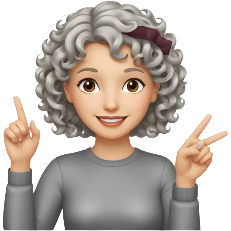 silver, short, wavy-haired with curls, smiling pretty lady, hopeful, pointing 2 fingers up


 emoji
