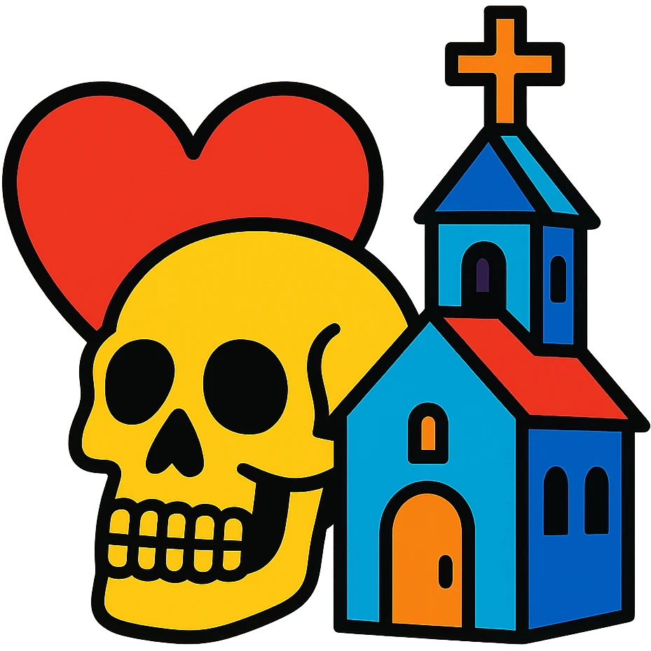 vibrant toon style heart, skull, and church together, no background emoji
