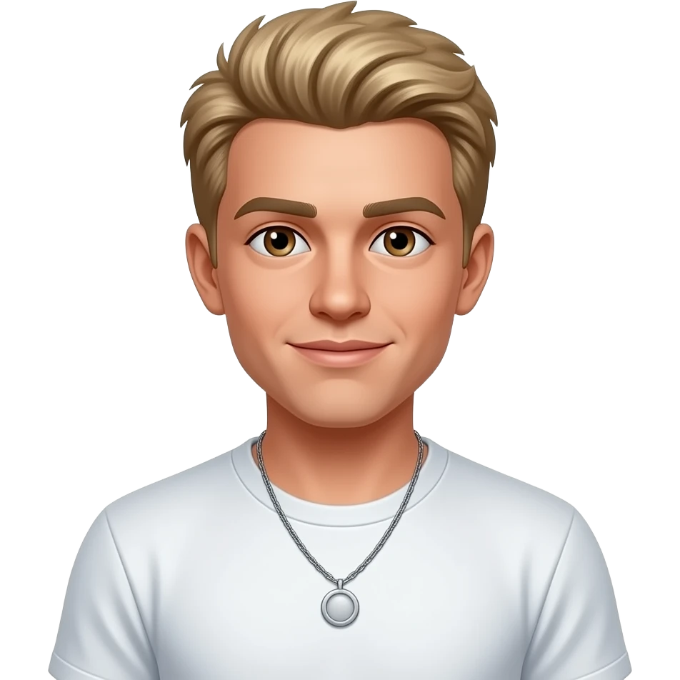 Elliot Giles from The Sorrybro Crew with brown eyes, strawberry blonde hair, white metallic T-shirt, necklace emoji