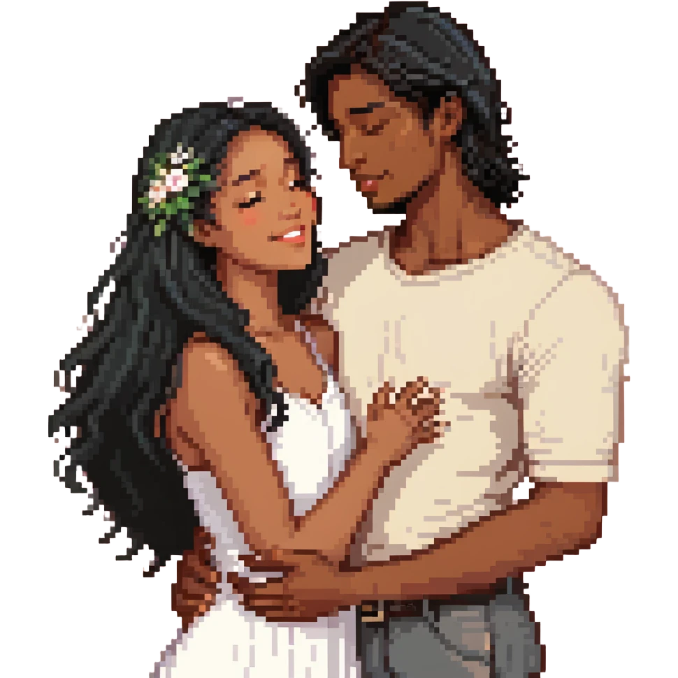 An emoji of a happy couple, the woman has long black hair and a light brown skin tone, while the man has short black hair and a white skin tone. They are in a romantic pose, expressing love and joy with warm facial expressions and affectionate gestures. emoji