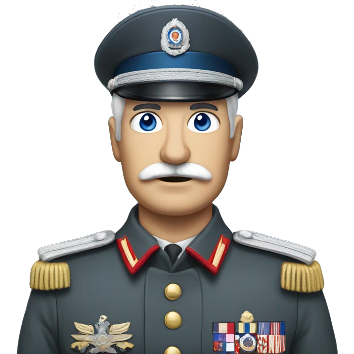 an old military general with grey military chilean uniform, grey military hat, white moustache, blue eyes emoji
