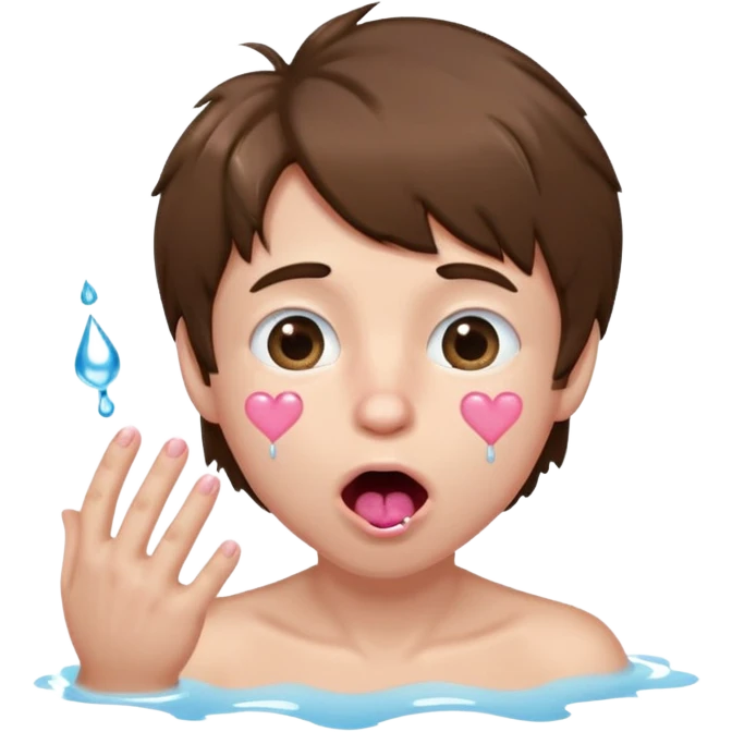 Pale Boy with shaggy brown hair, pink heart shaped eyes looking up , mouth open , water drop dripping from lips, hand grabbing at face  emoji