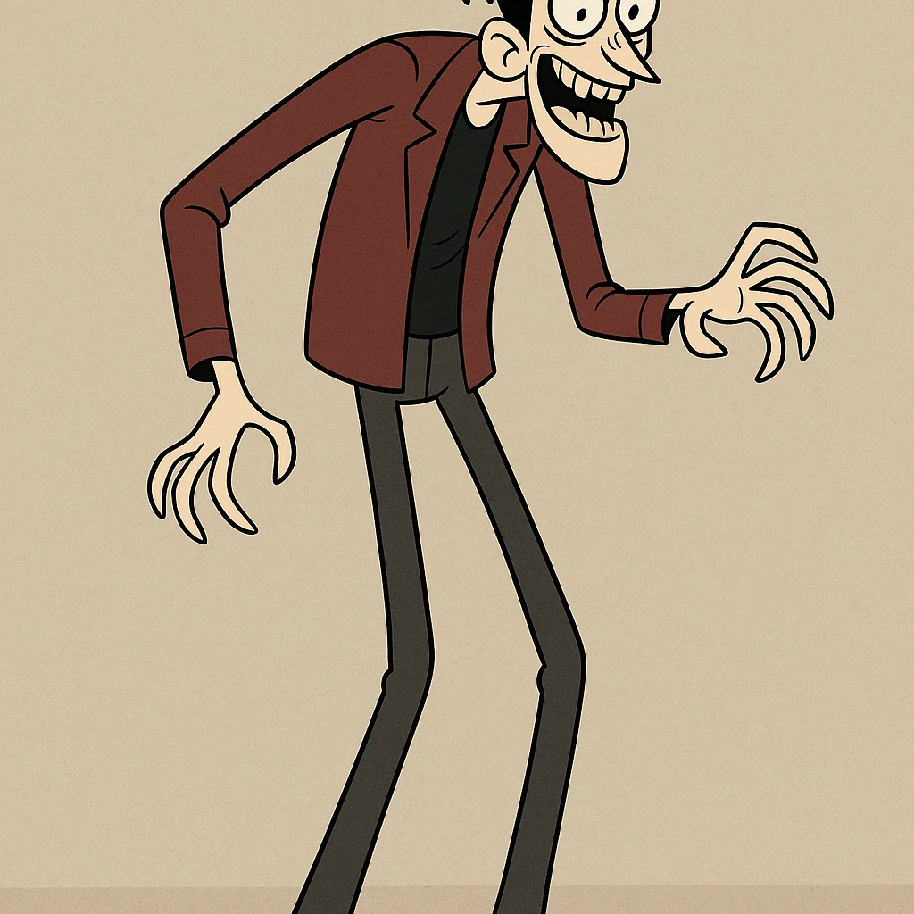 scary tall man, cartoon style, exaggerated height, playful and exaggerated proportions emoji