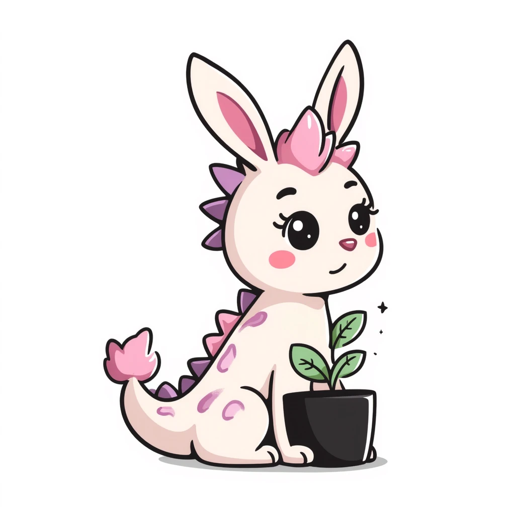Kawaii bunny plant dragon in Samriel style, tiny spikes, extremely cute, exaggerated proportions, huge sparkly eyes, soft rounded shapes, blushing cheeks, pastel colors with pink and purple tones, delicate linework, small mouth, adorable expression, slightly sketchy lines but clean overall look emoji