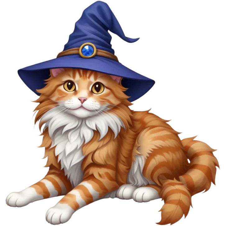 full body Maine coon ginger tabby cat flopped over on her back wearing an indigo witch hat emoji