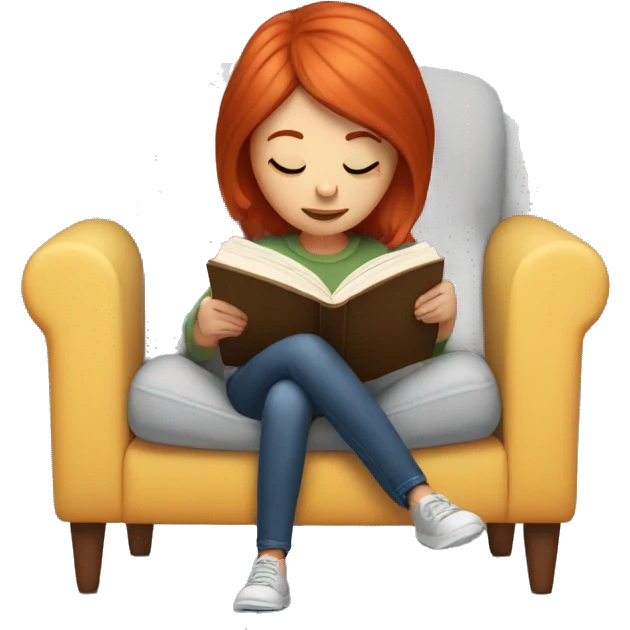 Girl with red hair reading in big cozy chair emoji