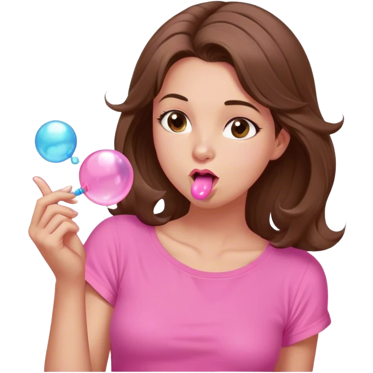 A digital illustration of a cartoon-style woman with shoulder-length brown hair, wearing a pink shirt. She is blowing a pink bubble gum bubble while playfully twirling a strand of her hair with her fingers. Her facial expression is relaxed and carefree. The background is plain white *3d emoji* emoji