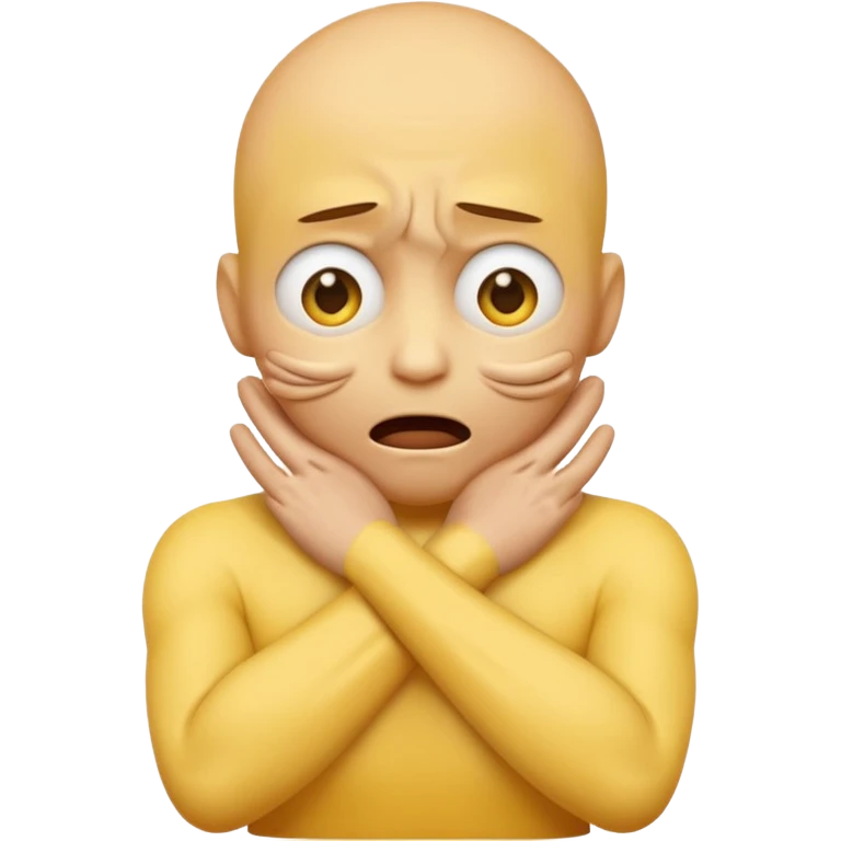 Yellow face emoji strangling itself with 2 arms crossed and hands saround neck and eyes looking up in fear emoji