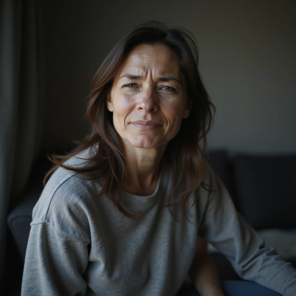 woman with vitamin B12 deficiency, pale face, dark circles, tired posture, seated or standing, chronic fatigue expression, hyperrealistic 4K details, vertical 9:16 format, white background emoji