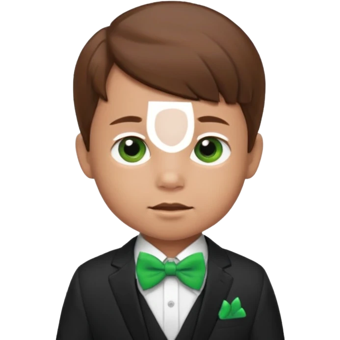 baby cute boy, brown hair in suit, with green bow emoji