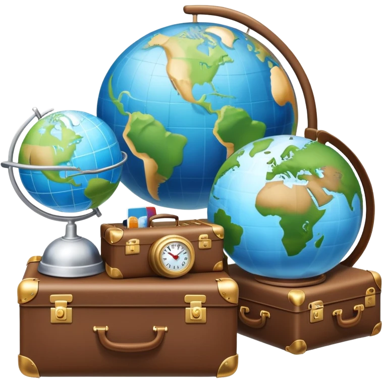 An icon featuring a suitcase, a hotel bell, and a globe, symbolizing tourism and hospitality. The design includes a scenic landmark, like a mountain or beach, and a check-in desk, representing travel and accommodation services. Transparent background emoji