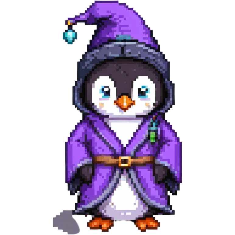 penguin character as a wizard with purple robe and pointy hat emoji
