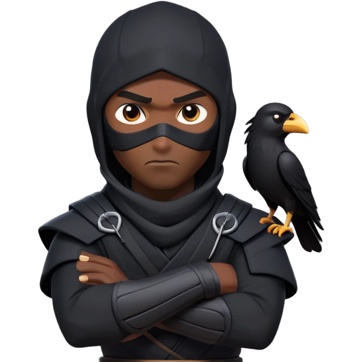 clash-of-clans-aesthetic_-cinematic-mysterious-male-ninja-portrait-emoji, rendered in a flat, vector-style with minimal shading and bold, simplified shapes, with a head slightly turned revealing intense, focused eyes. the ninja has his arm out and perched on top of his forearm is  a  giant black crow emoji