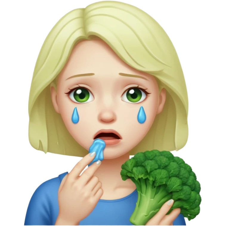 Woman crying eating broccoli. make tears blue color emoji