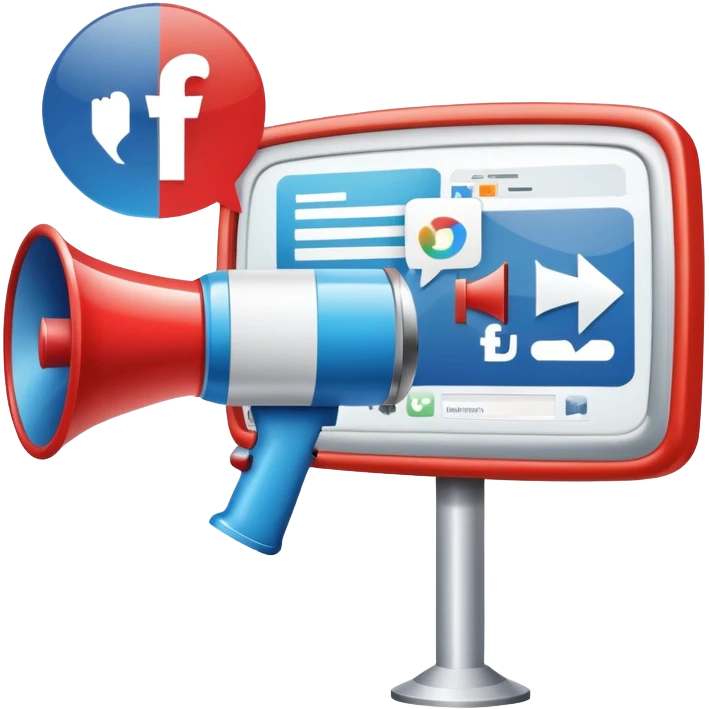 An icon featuring a megaphone, a billboard, and social media icons, symbolizing advertising and public relations. The design includes a press release and a rising graph, representing brand promotion and communication strategies. Transparent background highlights media influence and outreach. emoji