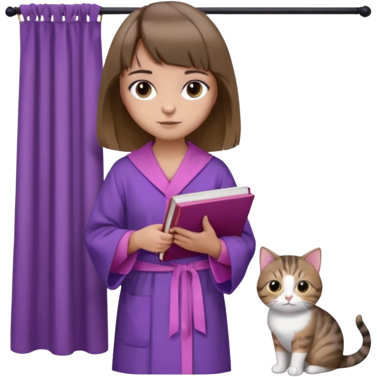 Девушка с короткими волосами до плеч русого цвета, посередине головы есть чёлка шторки, с черными бровями, карие глаза, у неё фиолетовый халат, стоит в полный рост, в руках она держит розовую книгу, а возле ноги сидит кот  emoji