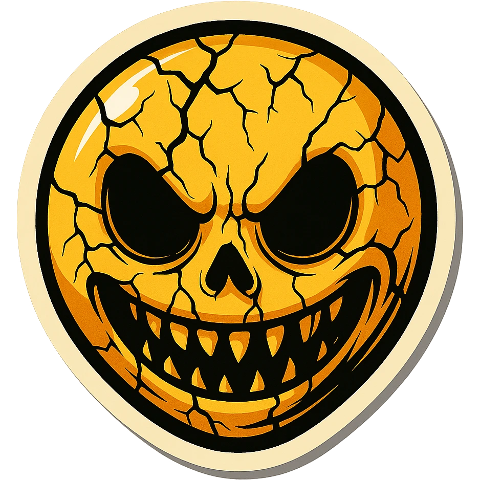 scary creepy emoji with cracks, sharp black outlines, expressive shadows and highlights, no gradients, only sharp color transitions, retro stickers style emoji