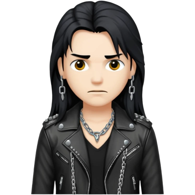 A fan of heavy extreme music, a metalhead with long black hair, rivets in chains on a leather jacket emoji