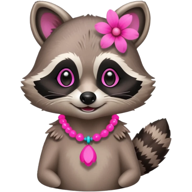 A playful raccoon wearing a neon-pink flower necklace, looking festive. emoji