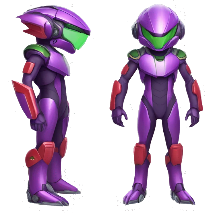 a shiny purple-green-red Genesect-Raptor-Fakémon—hybrid with a futuristic visor-helmet full body emoji
