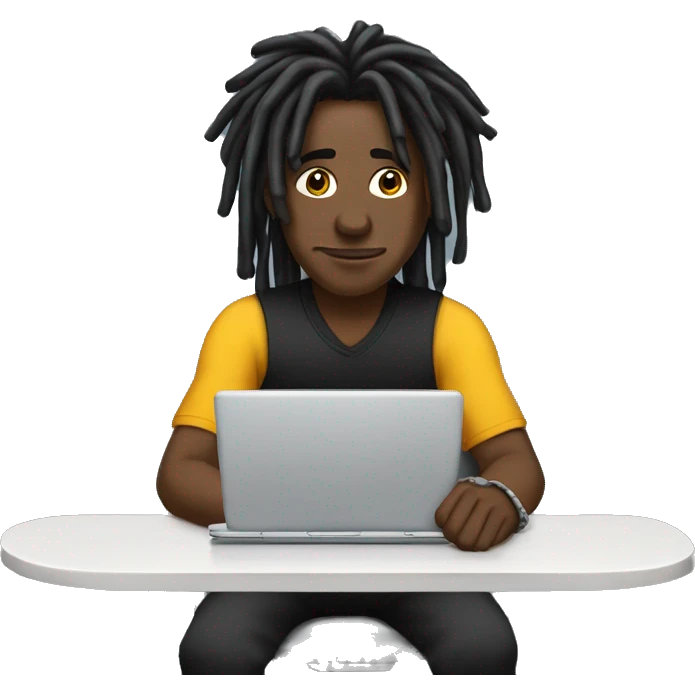 Black-guy-with-dreads-wearing-black-trackstuit-sitting-down-on-chair facing-foward-focused-on-laptop-computer- emoji