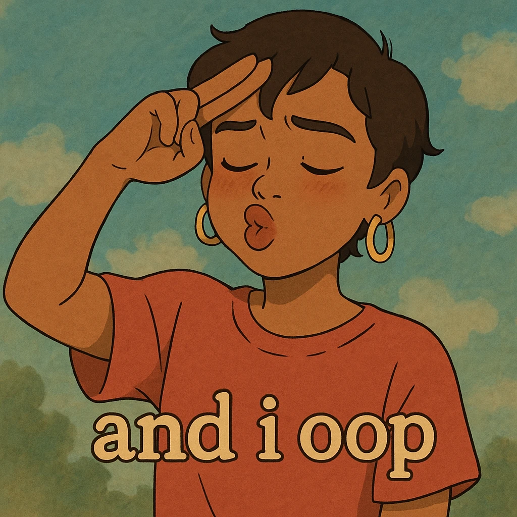 and I oop, slay energy, emoji with fingers to forehead like salute, "and i oop" meme, puckering lips, looking down, lowkey embarassed but still cool emoji