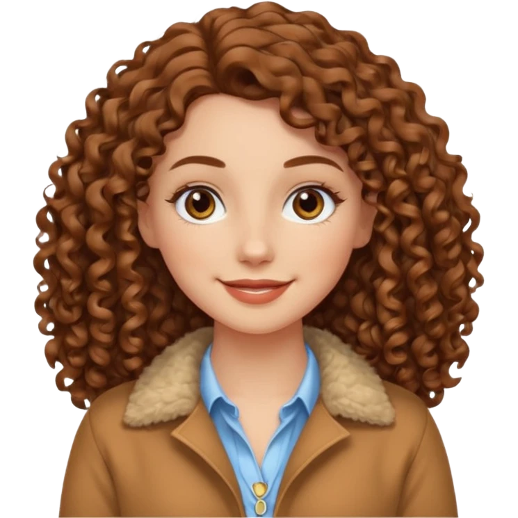 White girl with brown long 3A curly hair, brown almond shape eyes, refined wide nose, natural lips. Cute clothnig emoji